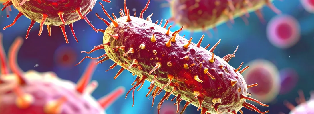 Macro illustration of bacteria — capsule-shaped microorganisms with surface fimbriae, representing salmonella and E. coli