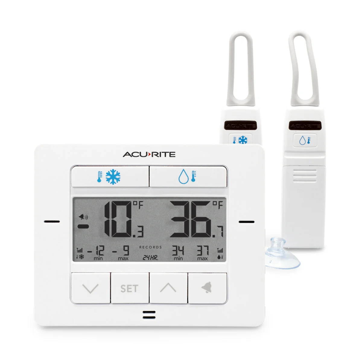 AcuRite Digital Wireless Fridge & Freezer Thermometer with two wireless sensors and main display unit showing fridge and freezer temperatures