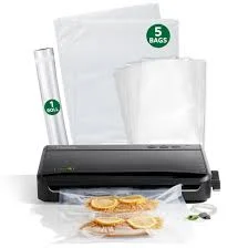 Vacuum sealer machine with starter kit including 5 vacuum bags and 1 roll