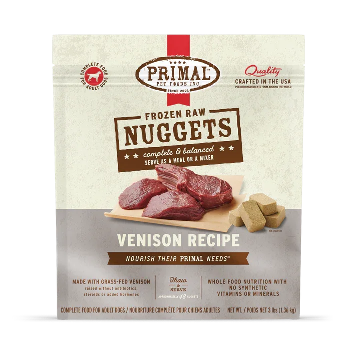 Primal Frozen Raw Nuggets Venison Recipe bag, complete and balanced