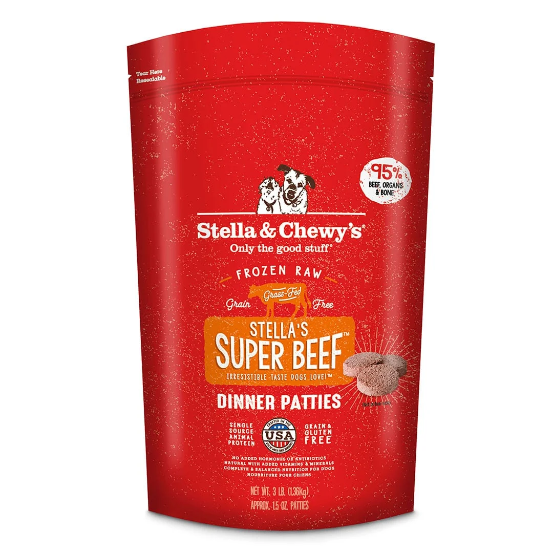 Stella & Chewy's Stella's Super Beef Frozen Raw Dinner Patties bag, 95% beef organs and bone