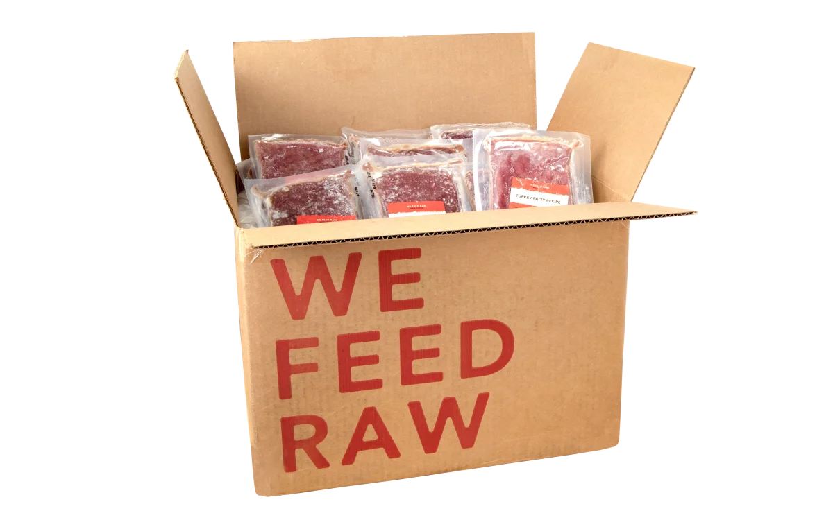 We Feed Raw cardboard delivery box filled with vacuum-sealed packets of fresh frozen raw dog food